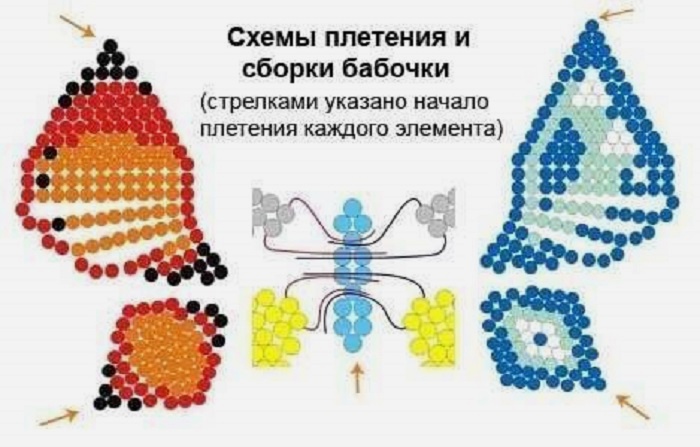 Схема плетения и сборки бабочки в виде броши из бисера